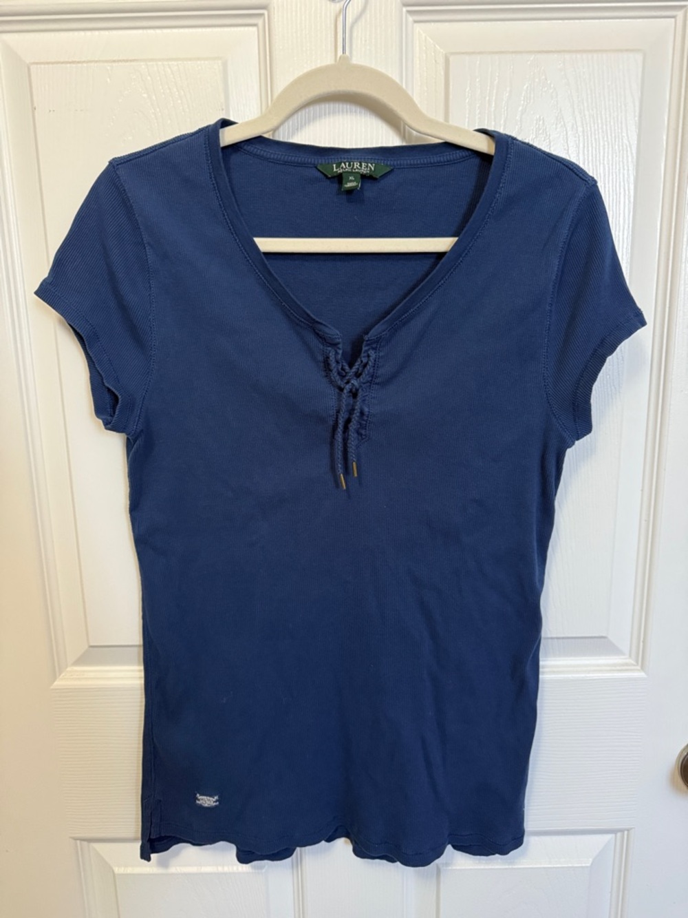 Lauren Ralph Lauren Navy Lace-Up V-Neck Short Sleeve Tee